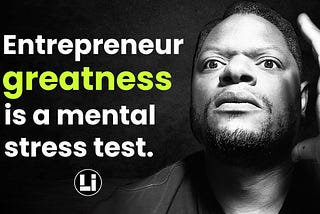 Head shot of author Justin Leonard next to the words, “Entrepreneur greatness is a mental stress test.”