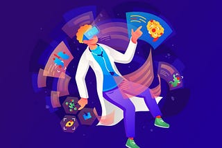 An illustration of a scientist with types of biohacking methods around him on a purple background