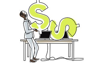 illustration of desk with computers on it and man rolling dollar signs