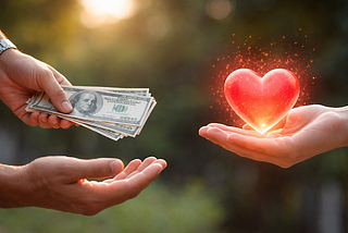 Image of person handing money to one person and the other extending gratitude and love… all to depict giving all away to enrich our lives.
