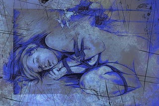 A drawing of a woman lying on the floor in bondage