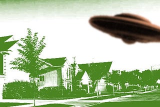 A 1950s style flying saucer arriving at a suburban street