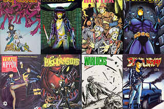 Image includes covers from Elflord, Kiku San, Demon Hunter, Gun Fury, Team Nippon, Blood n Guts, Warlocks, and Samurai