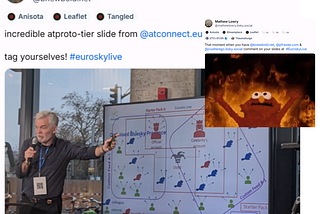 Screenshot of a Bluesky post from Bryan Newbold: “incredible atproto-tier slide from @atconnect.eu tag yourselves! #euroskylive”, with, inset, another of my quotepost: “That moment when you have @bnewbold.net , @pfrazee.com & @jcsalterego.bsky.social comment on your slides at #EuroskyLive”