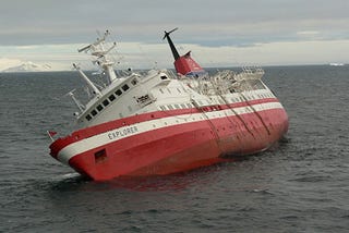 A ship lists badly to starboard (woo! get me with my nautical terminology!), on the point of sinking