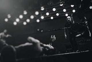 An image of a pro wrestling  match in black and white