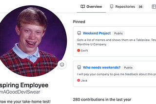 GitHub mock screenshot with Brian Bad Luck photo and take-home challenges he has sent.