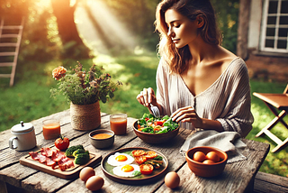 Lovely woman having an outdoor meal on a rustic wooden table. There’s a ladder, (maybe to a treehouse), a tree, the corner of a home and a chair in the background. The table is beautifully set with a Primal meal: eggs, meats, veggies and she is eating a salad. Sunlight streams throught tree branches behind her and there’s a gorgeous vase of flowers to brighten this experience further.