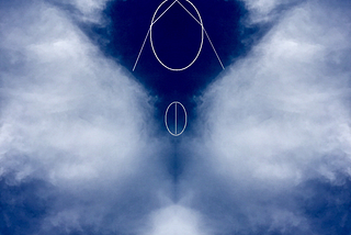 A photo of white clouds in the shape of wings in a dark blue sky. The face and praying hands of a woman have been added with thin lines.