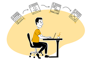 Illustration of author sitting at a desk on a laptop. Hand-drawn mocks floating over their head.
