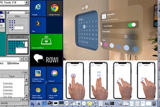 A collage showing the evolution of user interfaces, including early monochrome desktop systems, Windows and Mac interfaces, smartphone touch gestures, and modern augmented reality widgets floating in space.
