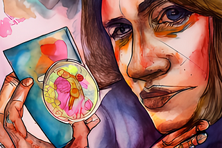 A watercolour image of a woman holding her id/nft.