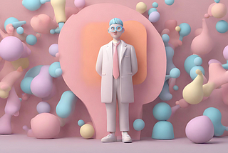 3d minimalistic pastel person wearing a labcoat and glasses, surrounded by shapes