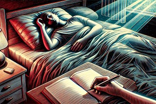 A young man sleeps in bed while a hand records his dreams.