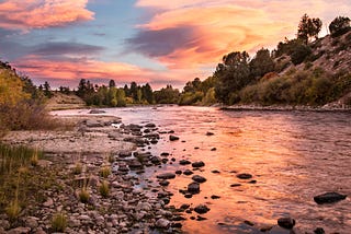 A riverbed at sunset