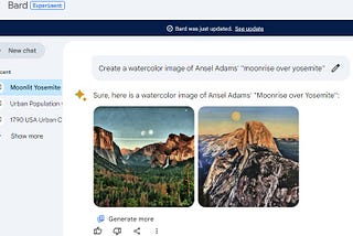 screenshot of 2 images created by BARD Artificial Intelligence in square aspect ratio showing Half Dome and valley at Yosemite National Park