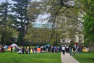 Students in tents occupying the lawn of Vassar College in solidarity with Palestinians.