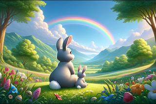 A young bunny and her little brother observe a rainbow. The scene captures a moment of wonder and learning in a lush meadow.