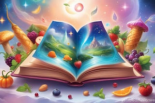 open book with magical fruits coming out of picturesque kingdom