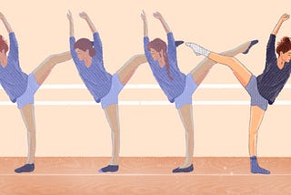 Digital illustration of a ballet class where three dancers are facing one way and the last one is facing the opposite way
