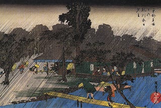 People crossing a bridge in the rain in Kyoto, by Utagawa Hiroshige, 1835, Japanese ukiyo-e woodblock print「糺川原之夕立（ただすがわらのゆうだち）」歌川 広重天保５