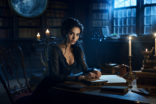 The Muse sits in a dark library. Picture created with Midjourney