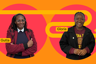 Image of two young people, Gutta and Gloria, standing confidently against a vibrant orange and red background. Both are identified by name in yellow labels. The image highlights their role as Emerging Leaders advocating for sexual and reproductive health and rights (SRHR), adolescent girls’ rights, and gender equality at CPD58.