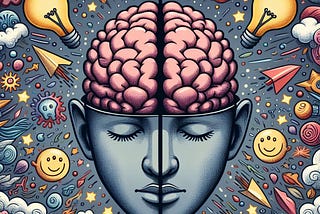 Illustration of a person, their brain exposed, surrounded by different ideas and thoughts