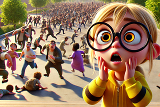 A scared young girl looking at an angry mob