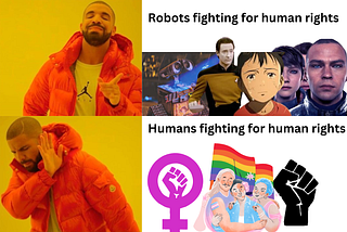 Two contrasting scenes: On the left, robots holding protest signs advocating for human rights. On the right, humans holding protest signs advocating for human rights. The image highlights the parallel between robots and humans in the fight for human rights. The synthetic other theory coined by levannah scifi media analysis