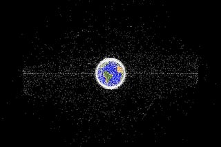 A simulation of Earth from space with numerous white dots representing orbital debris surrounding it.
