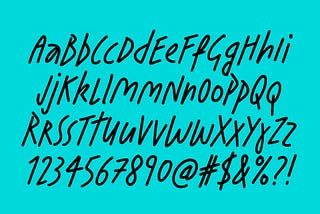 The final handwritten typeface displaying a standard latin alphabet, numerals and some punctuation. The text is in black on a bright blue background.