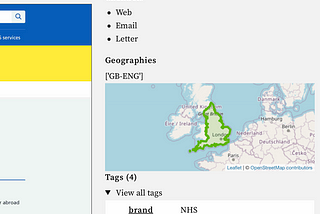 Partial screenshot of a web page showing the edge of an NHS website and some ‘sample infomration’ including the channels a services is delivered through and a map of the UK with England highlighted.