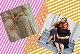 Two pregnant women touching their bellies, a white mother and Asian child on other side