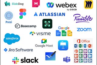 A collage of logos of various digital tools used by professionals across industries. eg. Salesforce, Google Docs, Slack, Zoom.
