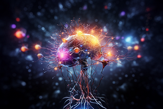 Stylized picture of a brain with  lit up links on dark  background