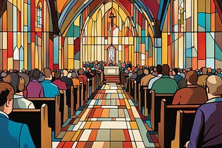 Colorful illustration of a house of worship full of people facing an alter