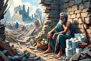 AI-generated image of Job sitting in the ruins of his life but with his reserve of toilet paper completely untouched.