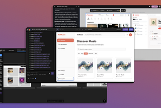Music platform screens vibe coded with various AI tools like Anima and Uizard