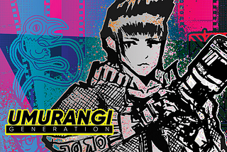 This image is one of the primary cover arts for Umurangi Generation. It depicts the main character holding a DSLR lens against his chest in a cyberpunk, hand-drawn art style. The background is filled with pink and blue film strips and a symbol depicting a bird-like creature. The logo spelling out “Umurangi Generation” is in the bottom-left, where you can barely make out one of the main character’s friends from the game.