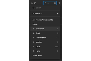 Figma’s variable feature for border-radius, showing a list of border-radius variables with their name and value.