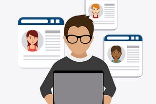 An illustration of a guy with his PC surrounded with an imaginative picture of user profiles.