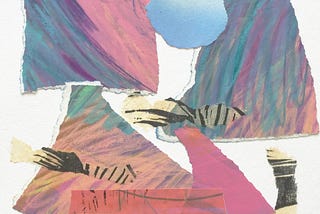 Collage of colorful elements creating an abstract desert landscape.