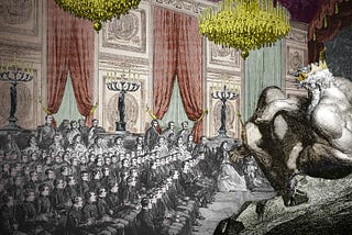 A gigantic king, crowned and naked, sits on a lavishly curtained stage in a 19th century ballroom, before many ranked men and women dressed as gentry.