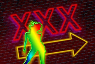 A neon sign to an XXX club with a woman dancing