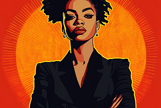 Graphic image of a young African American woman in business attire, arms folded, looking defiantly into the camera