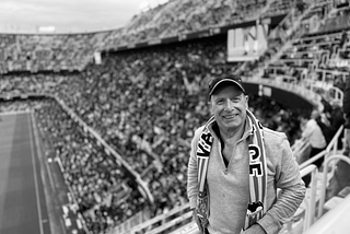 David Swift, UK English Author, stood on the bleachers of Mestalla Football (soccer) Stadium, Valencia, Spain