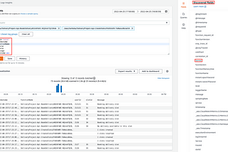 CloudWatch Logs Insights (filter & query on the left, discovered fields on the right)