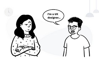 A lady looking very confused when the man next to her says “I’m a UX Designer”.