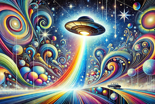 An intricate and vibrant illustration of a UFO hovering in a dark night sky, surrounded by a surreal explosion of colorful abstract shapes and patterns. The design features dynamic swirling forms, bright hues, and detailed organic elements, evoking a sense of wonder, mystery, and energy.